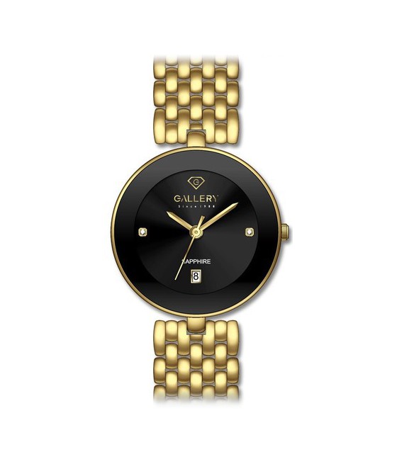 שעון גלרי לאישה מתכתי ציפוי זהב לוח שחור 17433-13