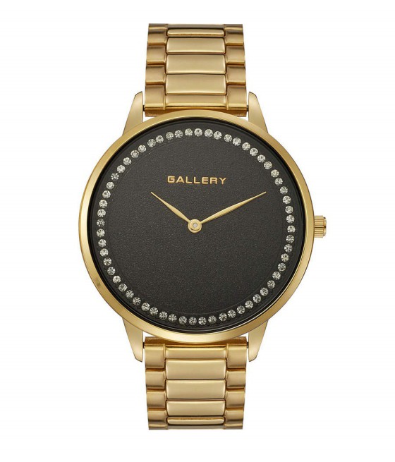 שעון גלרי: GALLERY 17755-13
שעון גלרי ציפוי זהב עם לוח שחור משובץ אבנים.
