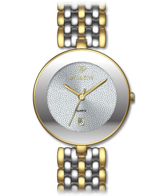 שעון גלרי לאישה: GALLERY 17763-15
שעון מתכתי כסוף משולב ציפוי זהב / לוח כסוף פתיתי שלג / מחוגים ציפוי זהב ללא סימני שעה .