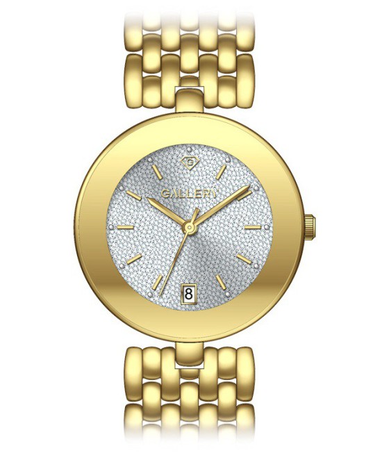 שעון גלרי לאישה: GALLERY 17772-12
שעון מתכתי ציפוי זהב / לוח כסוף פתיתי שלג / מחוגים וסימני שעה ציפוי זהב .