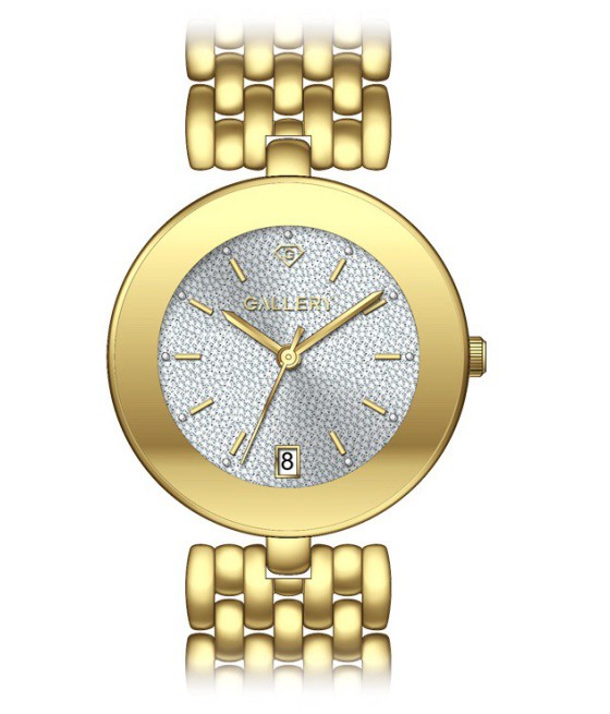 שעון גלרי לאישה: GALLERY 17772-12
שעון מתכתי ציפוי זהב / לוח כסוף פתיתי שלג / מחוגים וסימני שעה ציפוי זהב .